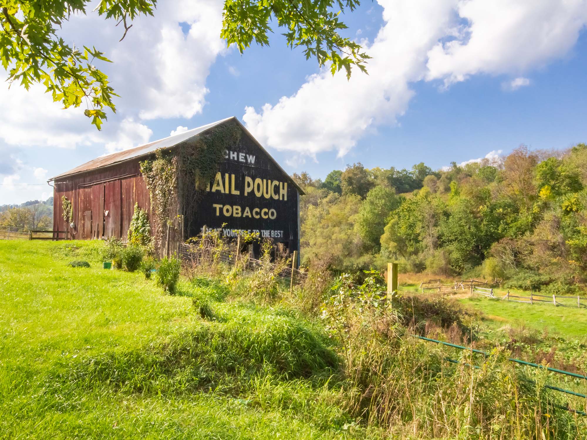 A rural barn with Mail Pouch Tobacco painted on the side