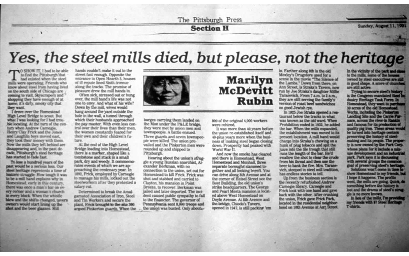 Image of a news article with the headline "Yes the steel mills died, but please, not the heritage"