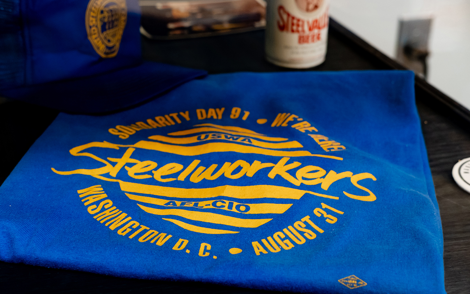 interior view of steel case with steelworkers shirt