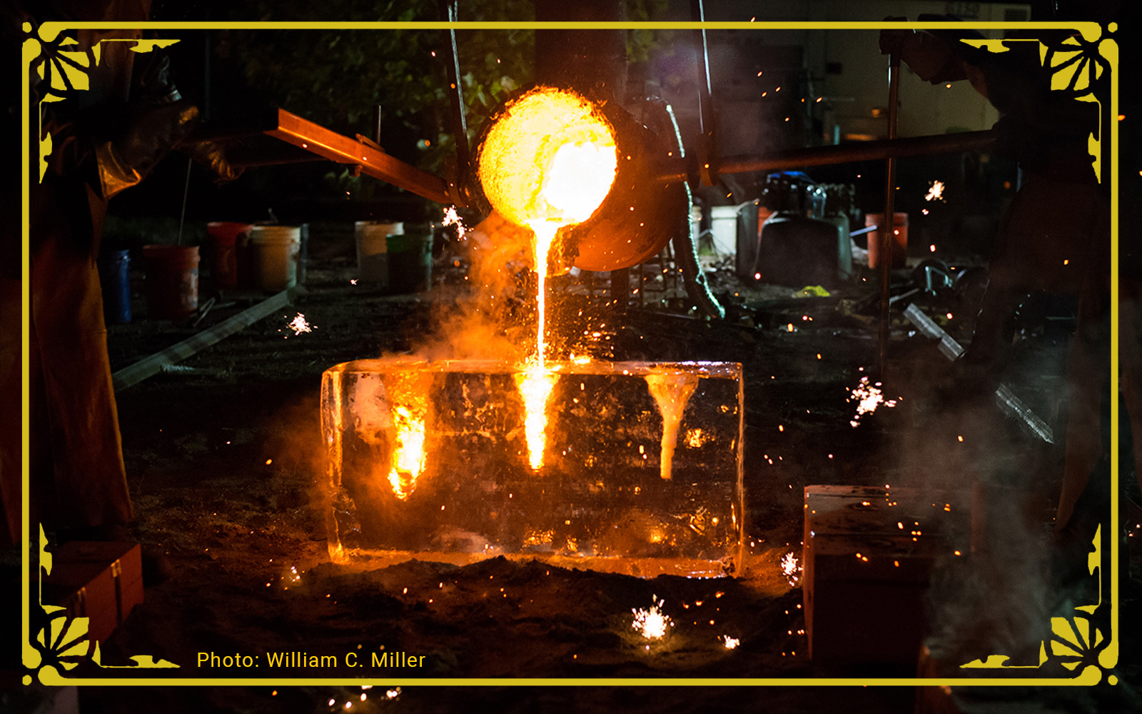 Pouring molten iron into ice