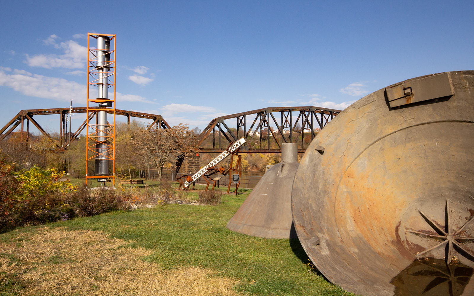 wind turbine installed with industrial relic in foreground