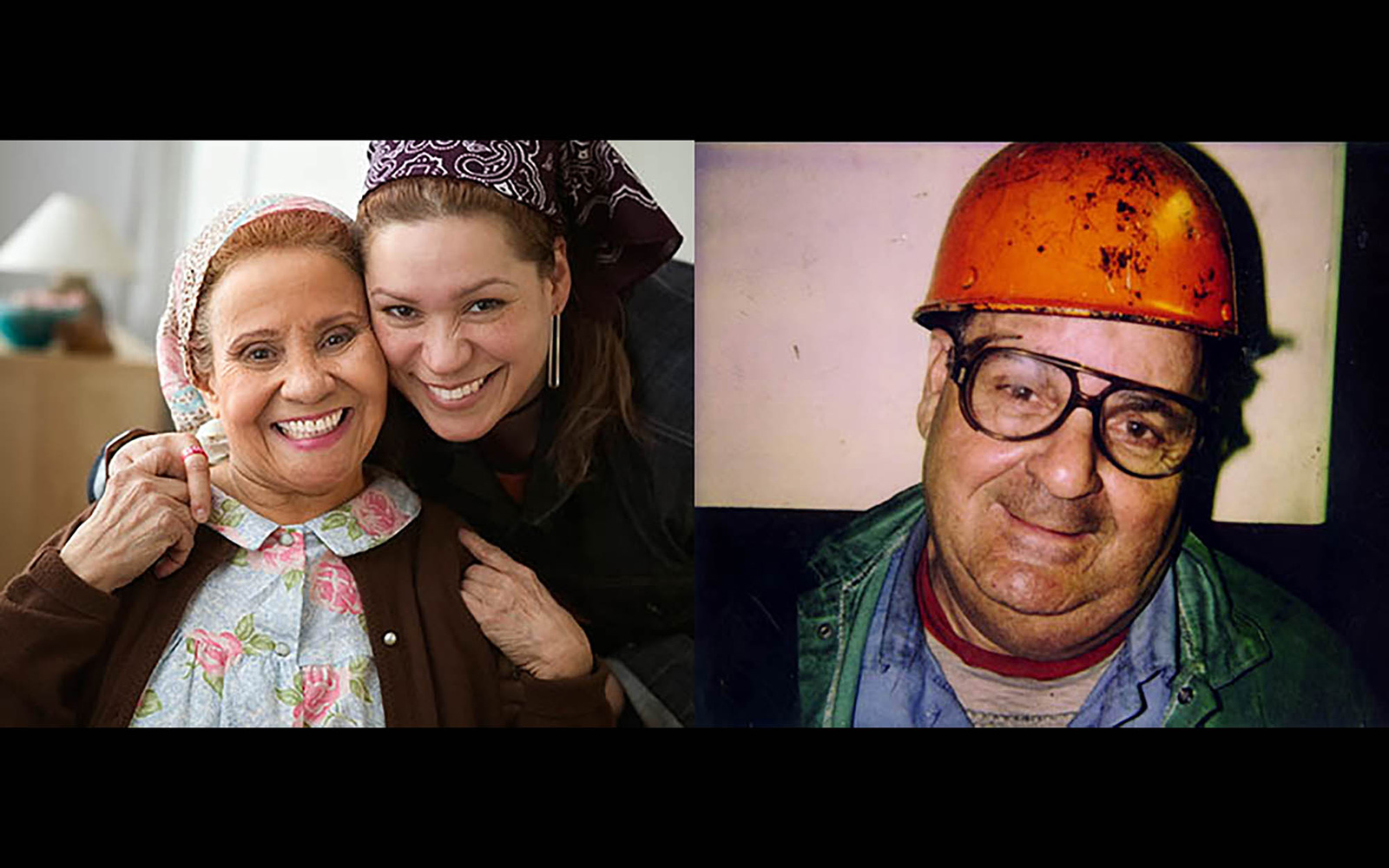 A grandmother & granddaughter in babushkas, then a man in a hard hat