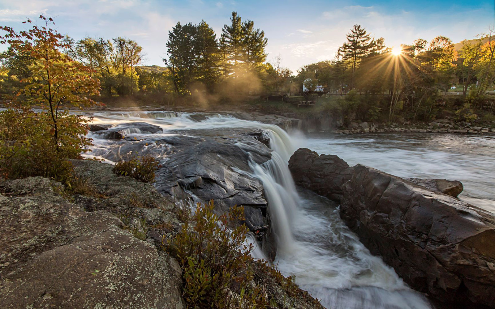A waterfall at sunrise