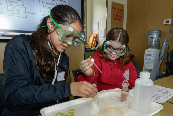 two girls in google hold water dropper and sample
