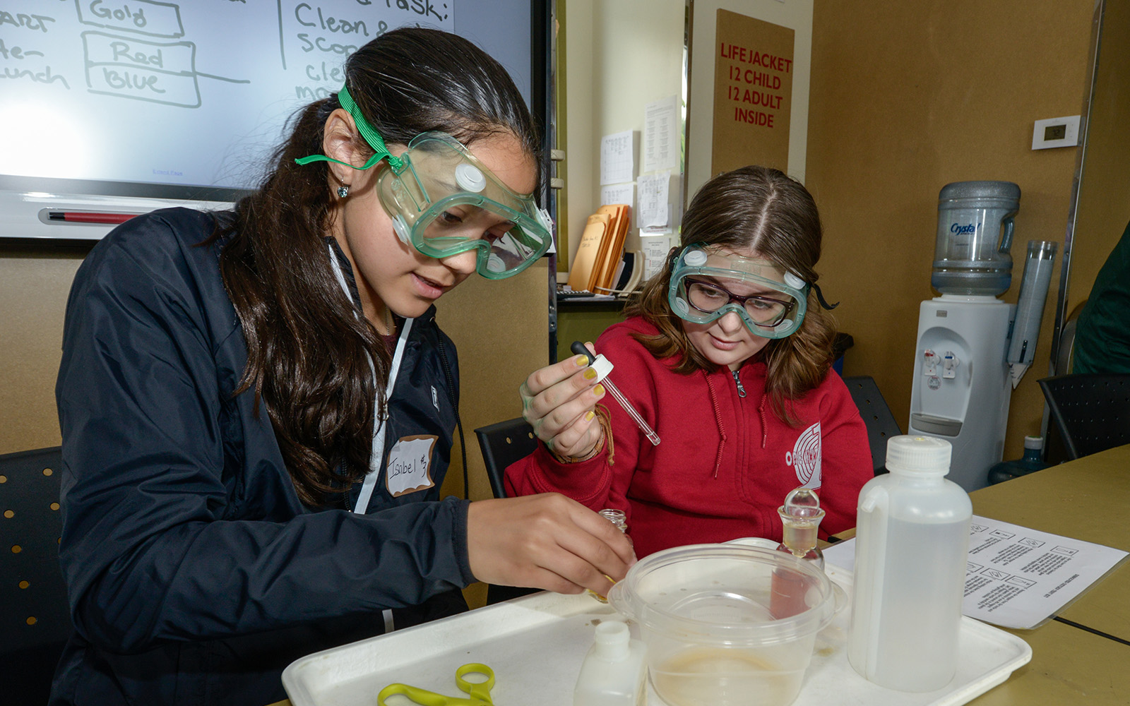 two girls in google hold water dropper and sample
