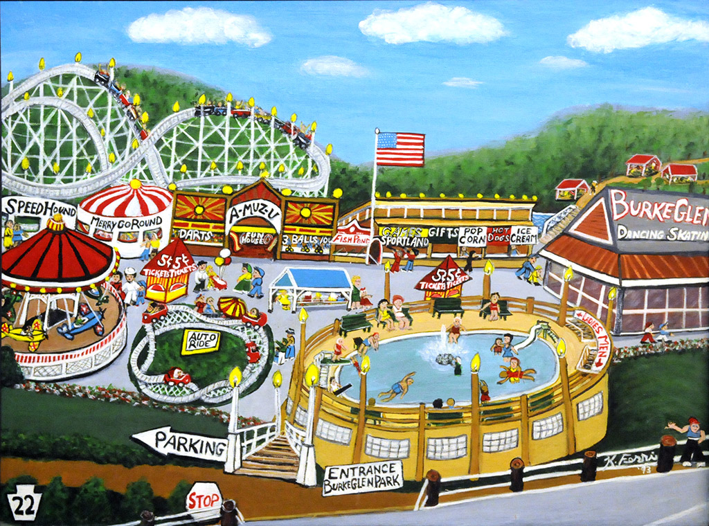 A painting of a small amusement park with a roller coaster, merry-go-round, auto ride, a dancing pavilion and a pool.