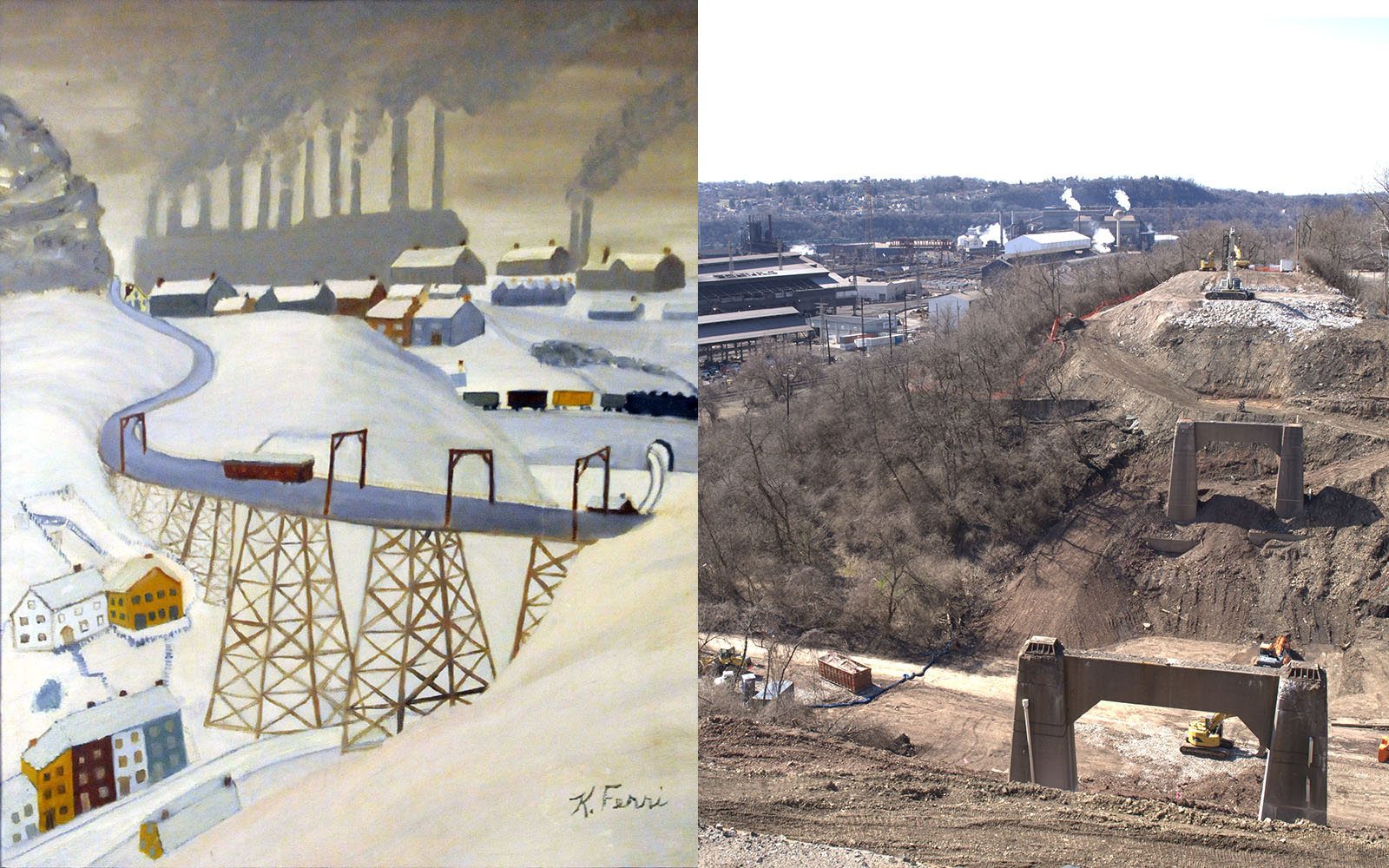 A snowy painting of a old bridge with industry in the background contrasted with a modern photo of the scene.