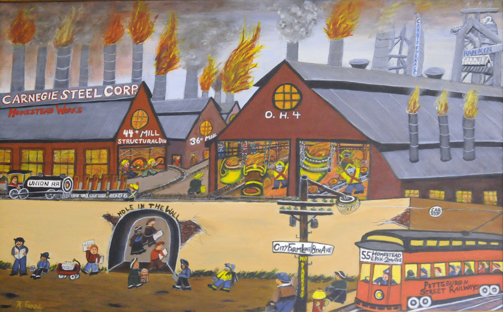 A depiction of an open hearth mill at Carnegie Steel in Homestead, PA.