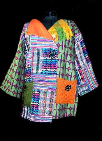 A colorful patchwork coat with mixed geometric patterns