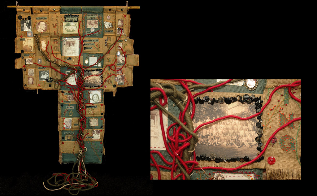 Woven strips of canvas with photographs and names layered with yarn and beads to depict a family tree.