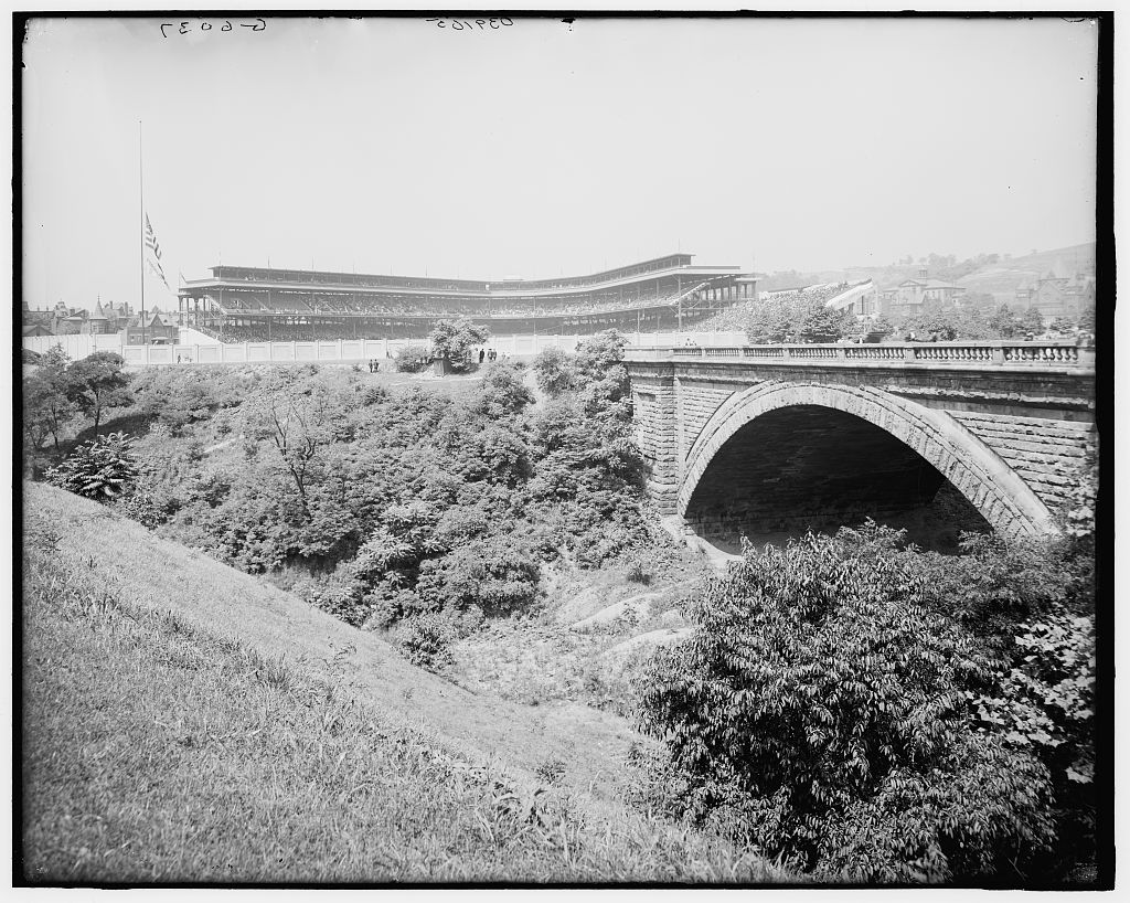 A newly built Forbes Field with landfill and the Pierre Ravine Bridge.he 