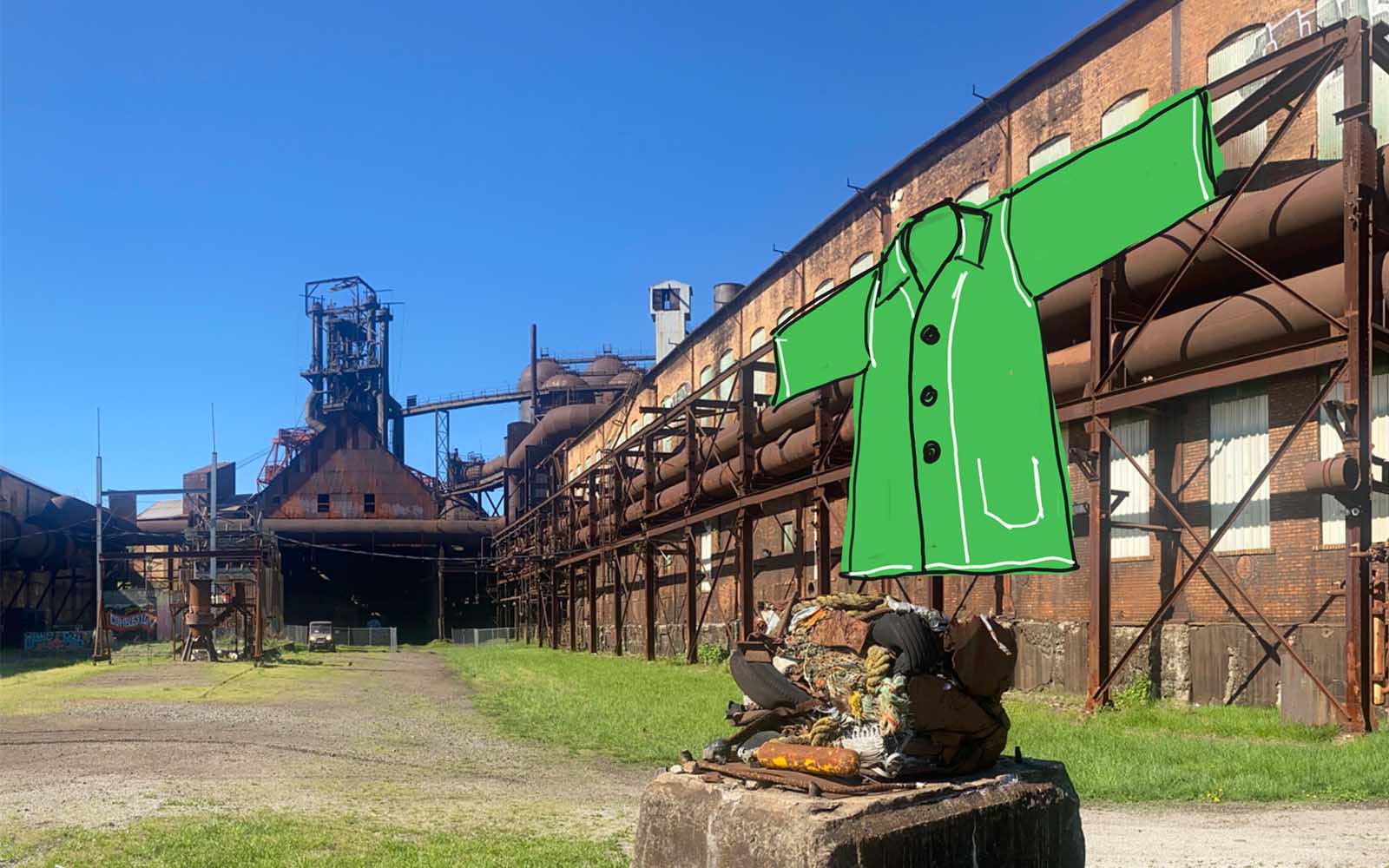 An illustration of a giant green shirt over a photo of the Carrie's Blowing Engine House