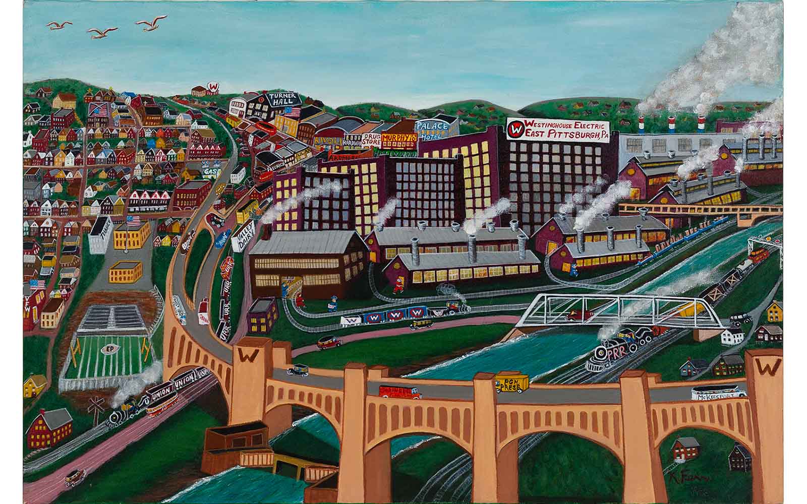 A painting of the Westinghouse Bridge and East Pittsburgh