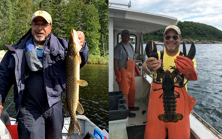 Two images of John Mahn holding up fish he caught.
