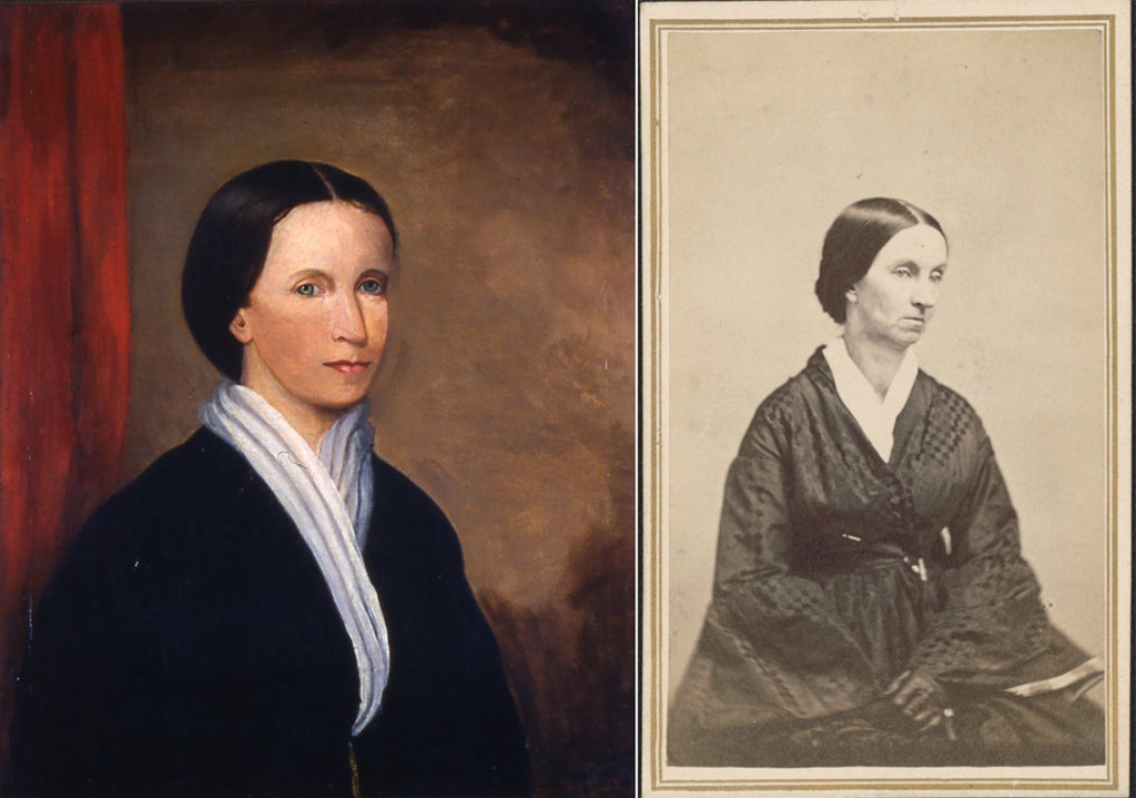 A painting of a younger Swisshelm paired with a photo of her decades later which show remarkable similiarity. 