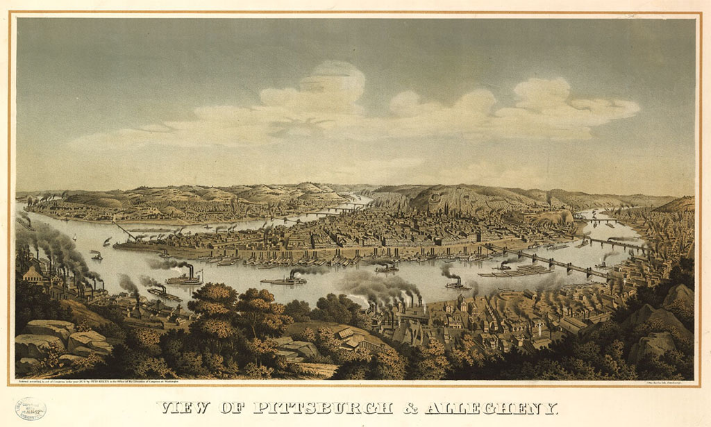An illustration of the confluence of Pittsburgh's three rivers.