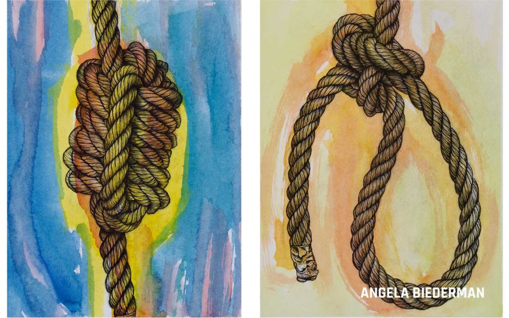 Two depictions of knotted ropes, drawings and watercolor.