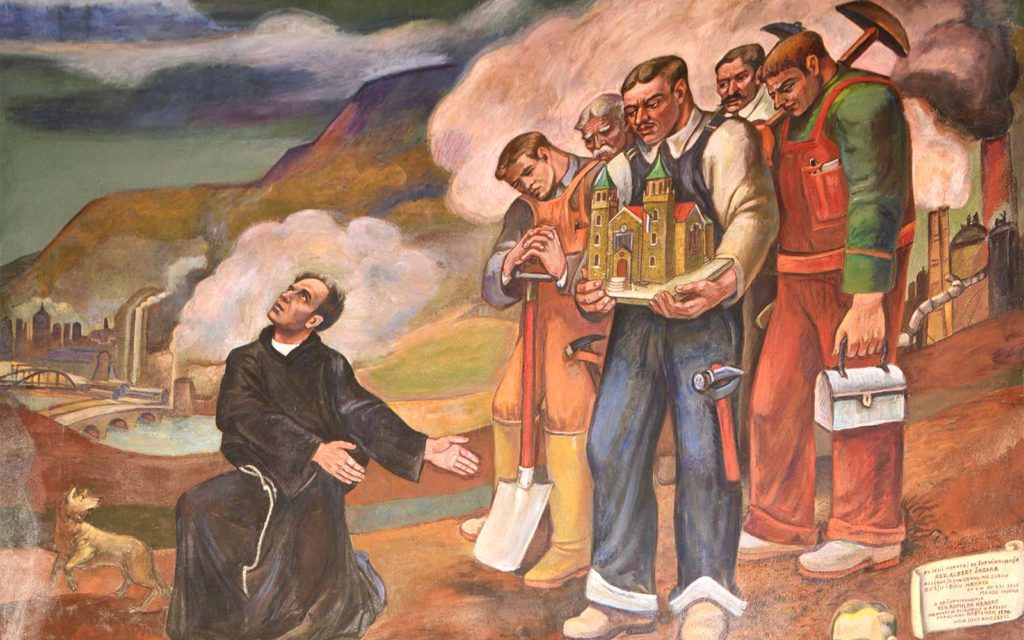 A priest on his knees gestures toward a group of five workers. Some hold pickaxes, one holds a lunch pail and another holds a church. 