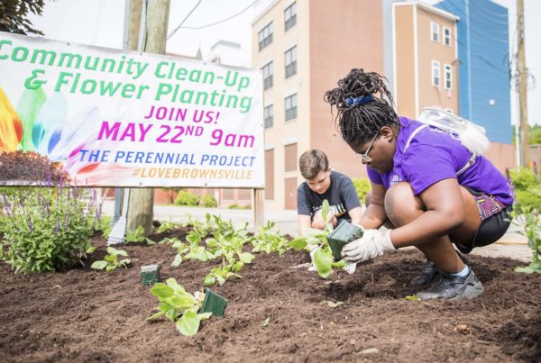 Two people, one dark skinned and one white, crouch down to plant flowers in front of a sign that reads "Community Clean-up and Flower Planting May 22"