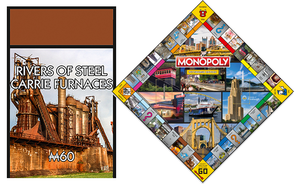 An image of the Monopoly gameboard along with a breakout image of the Carrie Furnaces square.