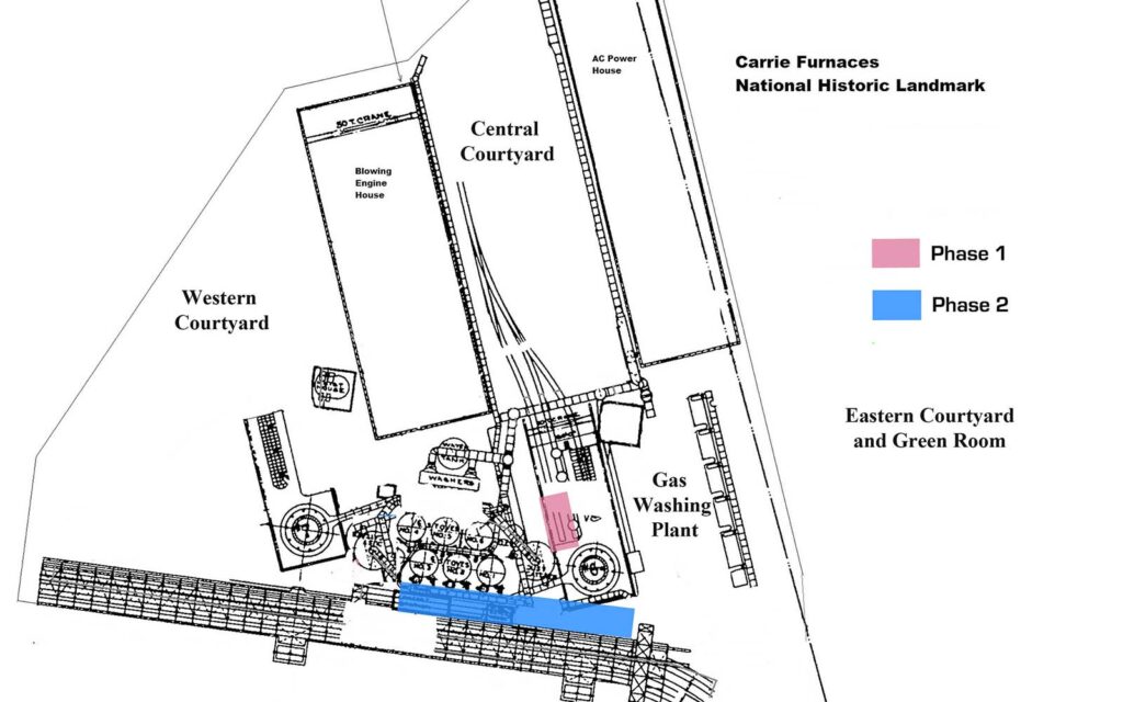 A digaram shown from an aerial overhead view outlining the structures onsite with a pink box over a small area behind the cast house and a blue box that goes behind the stove deck, designating phases 1 and 2 of the work.