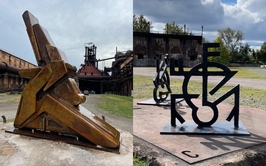 split image of artworks created by Carlos Mare and Michael Walsh for industrial grit and graffiti