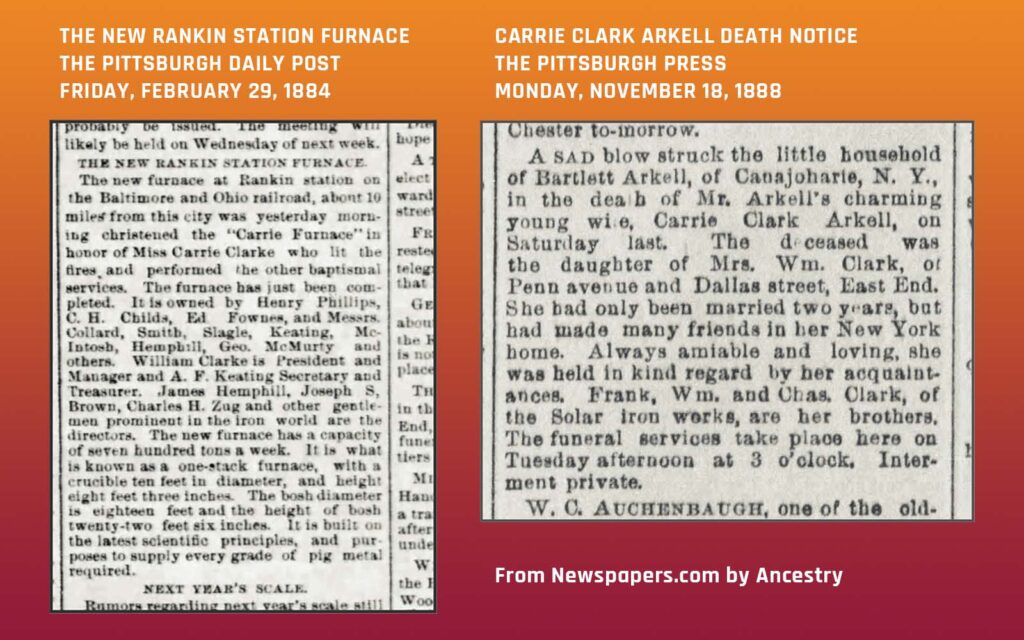 Two newspaper clipping mentioning Carrie Clarke