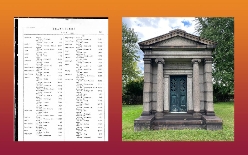 A listing of people who died in 1888 next to an image of a stone mausoleum with a green door and four columns.