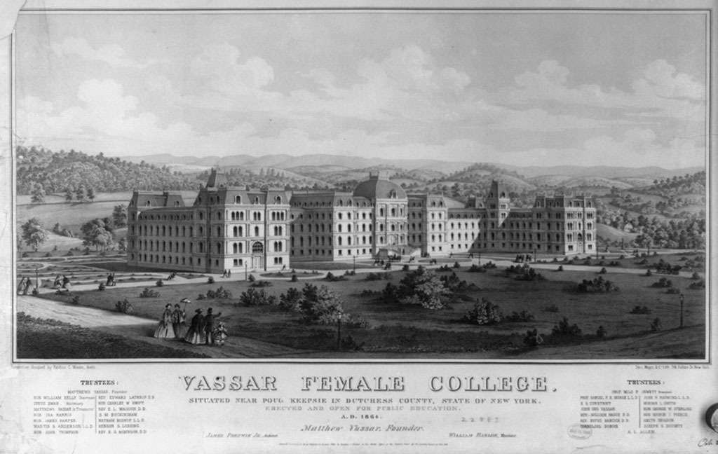 A lithograph of Vassar Female College presented in gray tones from 1862 showing a massive five-story building sent among rolling hills.