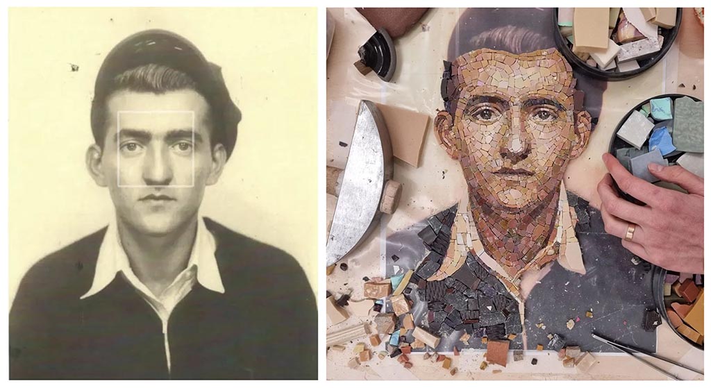 A split image with a photograph of a man in a hat with a white collar and black jacket on the left with a colorized mosaic in progress portrait of him on the right.