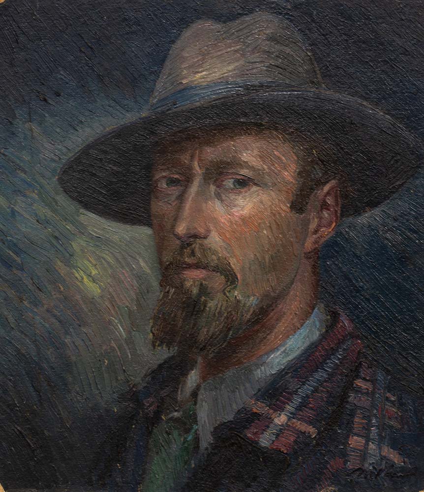 An impressionistic self portrait of a white man in a brimmed hat with a beard and mustache wearing a plaid jacket and blue shirt.