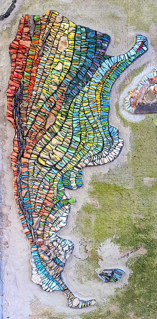 A rainbow of lines form the shape of Argentina.