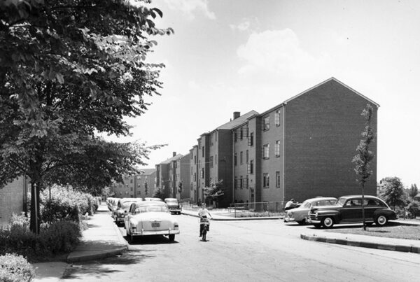 A black and white photo of an early housing project community with 1950s cars, a boy on a bit, and a large tree in the foreground.