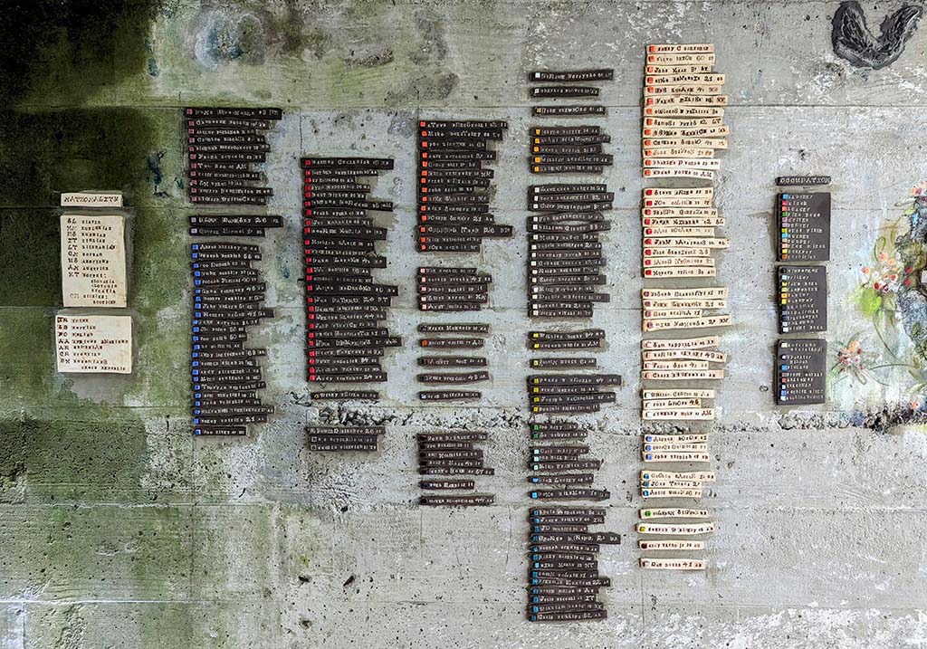 A list of mosaic names on a wall.