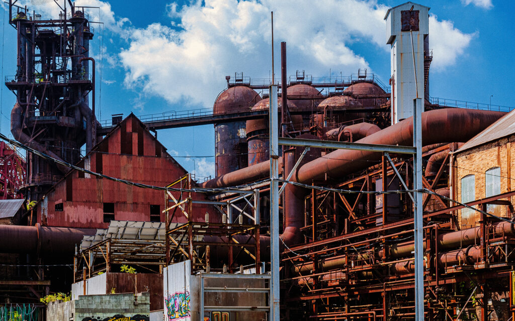 image of carrie furnaces with blue sky background