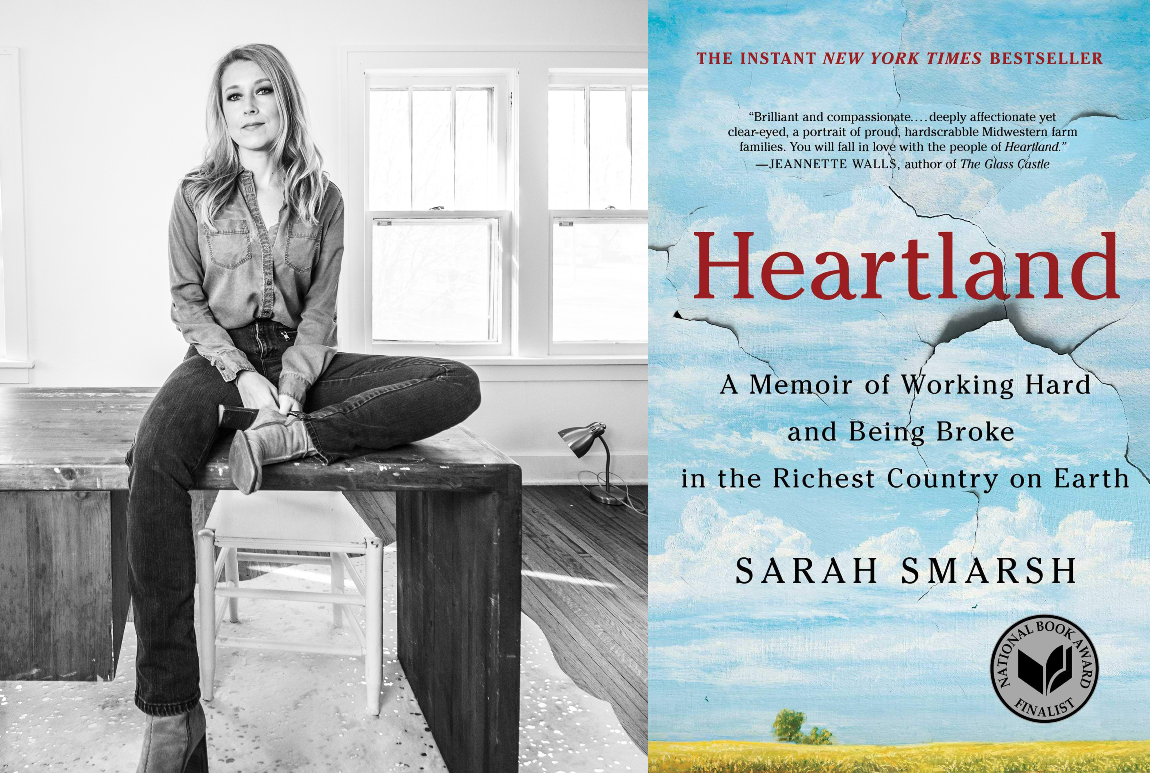 A black and white image of a lanky, blond woman in jeans, a denim shirt and boots, next to an image of her book cover for Heartland that mostly shows sky with a bit of flat plains a the bottom of the image.