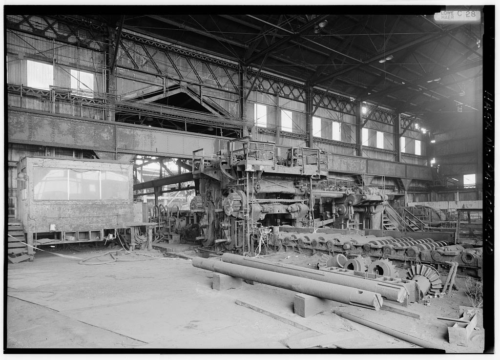 A black and white image inside the steelworks.