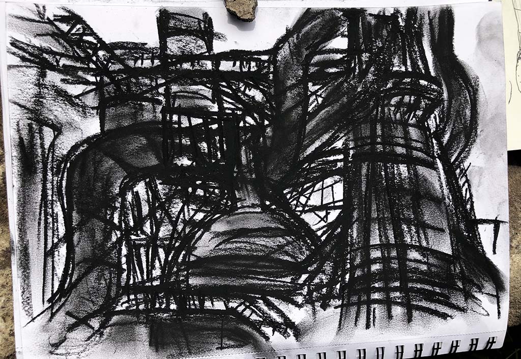 a dark charcoal drawing of furnace #7 and the gas washer