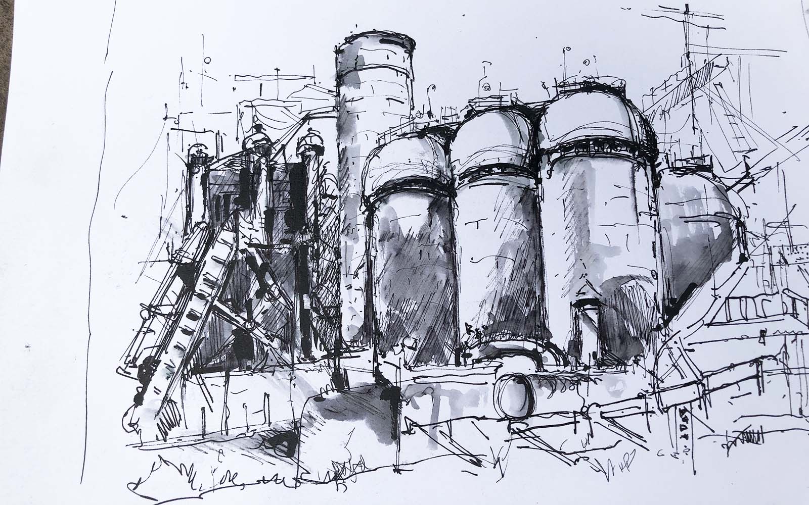 An ink and watercolor image of the Carrie Furnaces from the Ore Yard