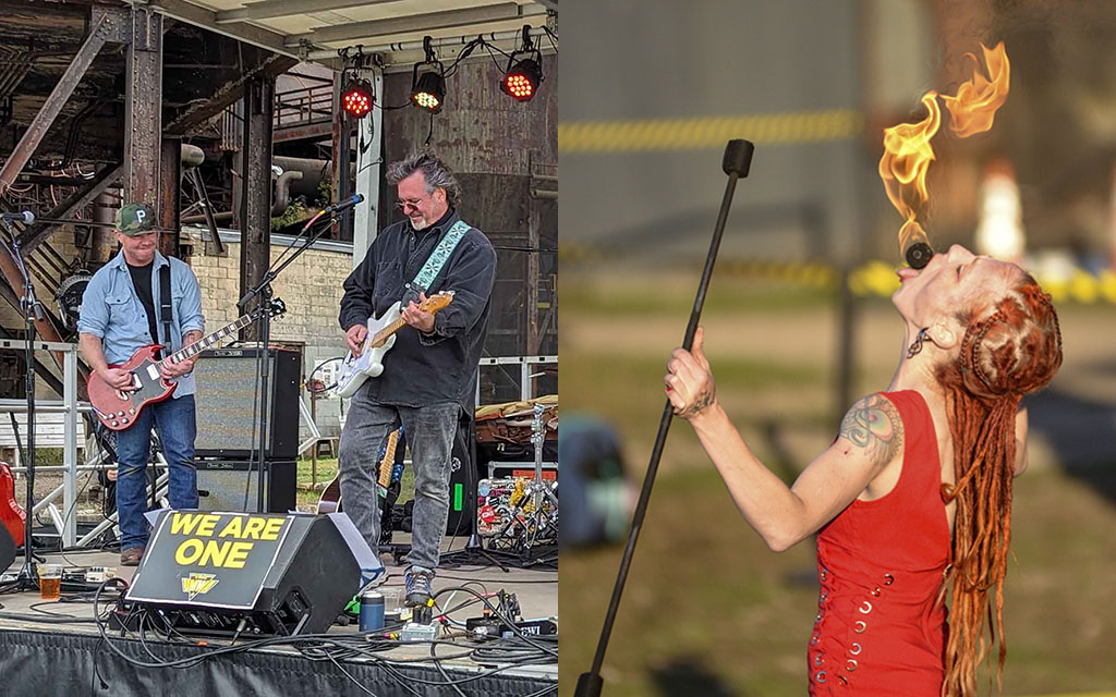 A split image showing musicians on stage. and a flame performer. 