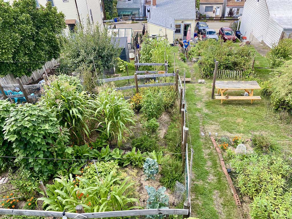 A tiered verdant garden on a slope above a small yellow home.