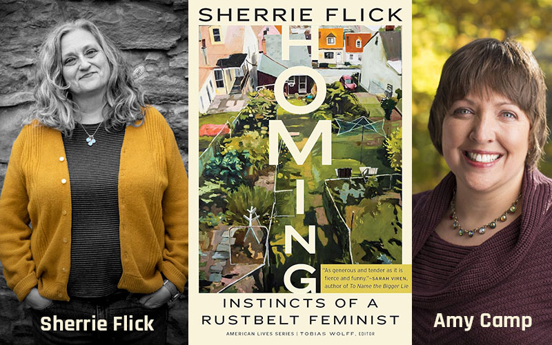 headshots of two white women, one in a cardigan and the other in a sweater, paired with a book cover