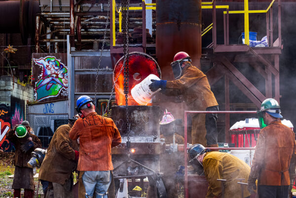 Workers at Carrie Furnaces prepare for the Iron Pour at the Festival of Combustion.