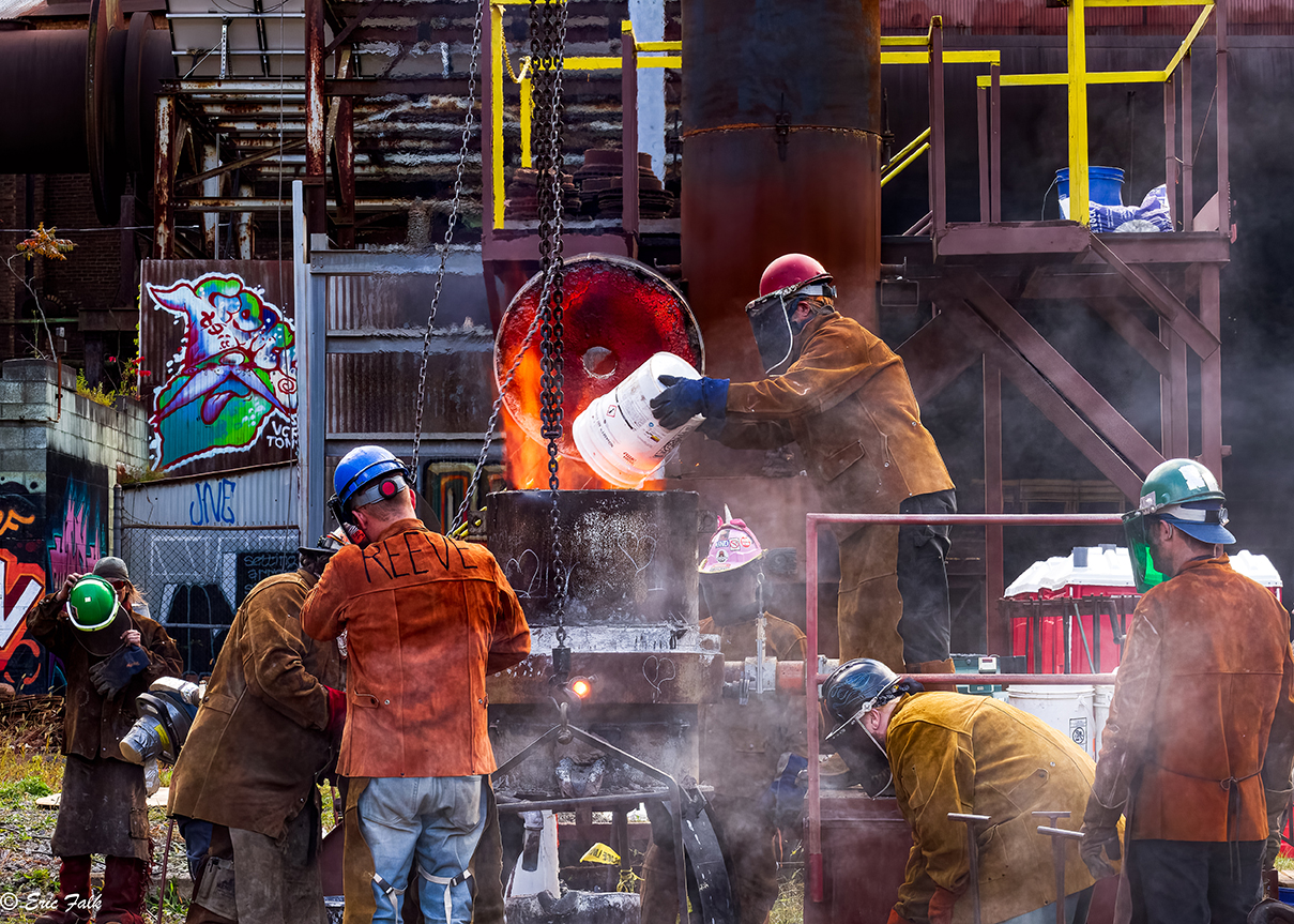 Workers at Carrie Furnaces prepare for the Iron Pour at the Festival of Combustion.